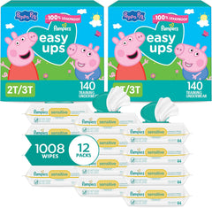 Pampers Easy Ups Pull On Training Underwear Girls, 2T-3T, 2 Month Supply (2 x 140 Count) with Sensitive Water Based Baby Wipes 12X Multi Pack Pop-Top and Refill (1008 Count)