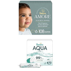 Bundle of Pampers Amore, Size 6 (23-44 lbs), 108 Count + Pampers Baby Wipes Aqua Pure, 99% Water-Based Wipes, Hypoallergenic and Unscented Baby Wipes, 672 Wipes Total (12 Flip-Top Packs)