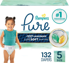 Pampers Pure Protection Baby Diapers, Size 5 (27+ lbs), 132 Count, Up to 100% Leakproof, Premium Plant-based Skin Protection, Hypoallergenic Soft Diapers