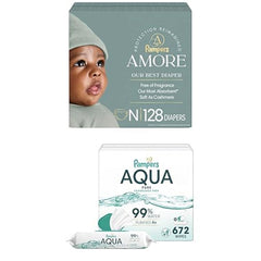 Bundle of Pampers Amore, Size 1 (8-14 lbs), 198 Count, Pampers Baby Wipes Aqua Pure, 99% Water-Based Wipes, Hypoallergenic and Unscented Baby Wipes, 672 Wipes Total (12 Flip-Top Packs)