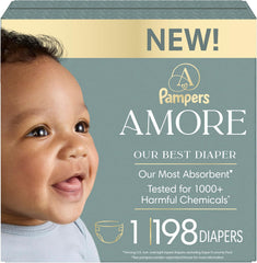 Pampers Amore, Size 1 (8-14 lbs), 198 Count, Our Best Diaper – Hypoallergenic & Fragrance Free, Up to 100% Leakproof, Soft as Cashmere