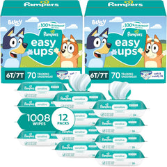 Pampers Easy Ups Pull On Training Underwear Boys, 4T-5T, 2 Month Supply (2 x 104 Count) with Sensitive Water Based Baby Wipes 12X Multi Pack Pop-Top and Refill (1008 Count)