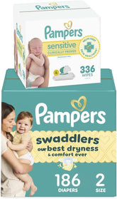 Diapers Size 2, 186 Count and Baby Wipes - Pampers Swaddlers Disposable Baby Diapers and Water Baby Wipes Sensitive Pop-Top Packs, 336 Count (Packaging May Vary)