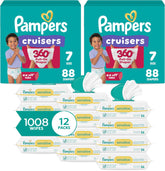 Pampers Pull On Cruisers 360° Fit Disposable Baby Diapers Size 7, 2 Months Supply (2 x 88 Count) with Sensitive Water Based Baby Wipes 12X Multi Pack Pop-Top and Refill (1008 Count)