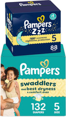 Bundle of Pampers Swaddlers Diapers, Size 5 (20-37 lbs), 132 Count, Absorbent, Pampers ZZZ Overnight Diapers, Size 4 (22-37 lbs), 104 Count, Nighttime Protection Disposable Baby Diaper