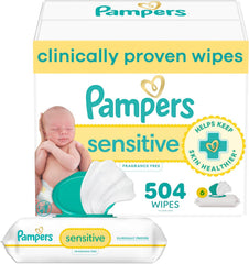 Pampers Baby Wipes Sensitive, Water Based Hypoallergenic and Unscented 504 Total (6 Flip-Top Packs)