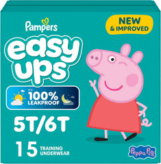 Easy Ups Girls & Boys Potty Training Pants, Size 5T-6T, 15 Count, Peppa Absorbent Training Underwear, Up to 100% Leakproof Day and Night, Hypoallergenic (Packaging May Vary)