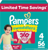 Pampers Diapers - Swaddlers 360° - Size 4, 56 Count, up to 100% Leakproof Comfy Dry Fit, Designed for Easy Changes, Pull On Baby Diaper (Packaging May Vary)