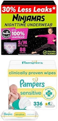 Ninjamas Girls Nighttime Underwear, Size S/M (38-70 lbs), 88 Count, Overnight Protection + Pampers Wipes, Sensitive, Water Based Wipe, Unscented, 336 Wipes Total (4 Flip-Top Packs)