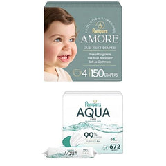 Bundle of Pampers Amore, Size 4 (15-34 lbs), 150 Count, Pampers Baby Wipes Aqua Pure, 99% Water-Based Wipes, Hypoallergenic and Unscented Baby Wipes, 672 Wipes Total (12 Flip-Top Packs)