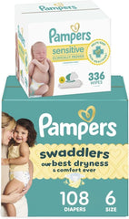 Pampers Swaddlers Disposable Baby Diapers Size 6, 108 Count with Sensitive Water Based Baby Wipes 4X Pop-Top Packs (336 Count)