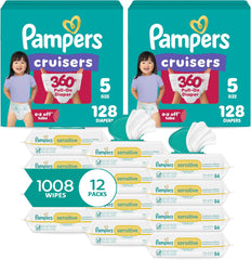 Pampers Pull On Cruisers 360° Fit Disposable Baby Diapers Size 5, 2 Months Supply (2 x 128 Count) with Sensitive Water Based Baby Wipes 12X Multi Pack Pop-Top and Refill (1008 Count)