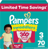 Pampers Diapers - Swaddlers 360° - Size 3, 70 Count, up to 100% Leakproof Comfy Dry Fit, Designed for Easy Changes, Pull On Baby Diaper (Packaging May Vary)