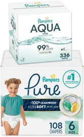 Pampers Pure Protection Disposable Baby Diapers Size 6, One Month Supply (108 Count) with Aqua Pure Baby Wipes, 6X Pop-Top Packs (336 Count)