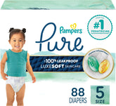 Pampers Pure Baby Diapers, Size 5 (27+ lbs), 88, Up to 100% Leakproof, Premium Hypoallergenic Soft Diapers