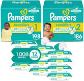 Pampers Baby Diapers and Wipes Starter Kit - Swaddlers Disposable Diapers Sizes 1 (198 Count) & 2 (186 Count) With Sensitive Water Based Wipes 12 Flip-Top Packs (1008 Total)