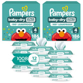 Pampers Baby Dry Disposable Baby Diapers Size 4, 2 Month Supply (2 x 186 Count) with Sensitive Water Based Baby Wipes 12X Multi Pack Pop-Top and Refill (1008 Count)