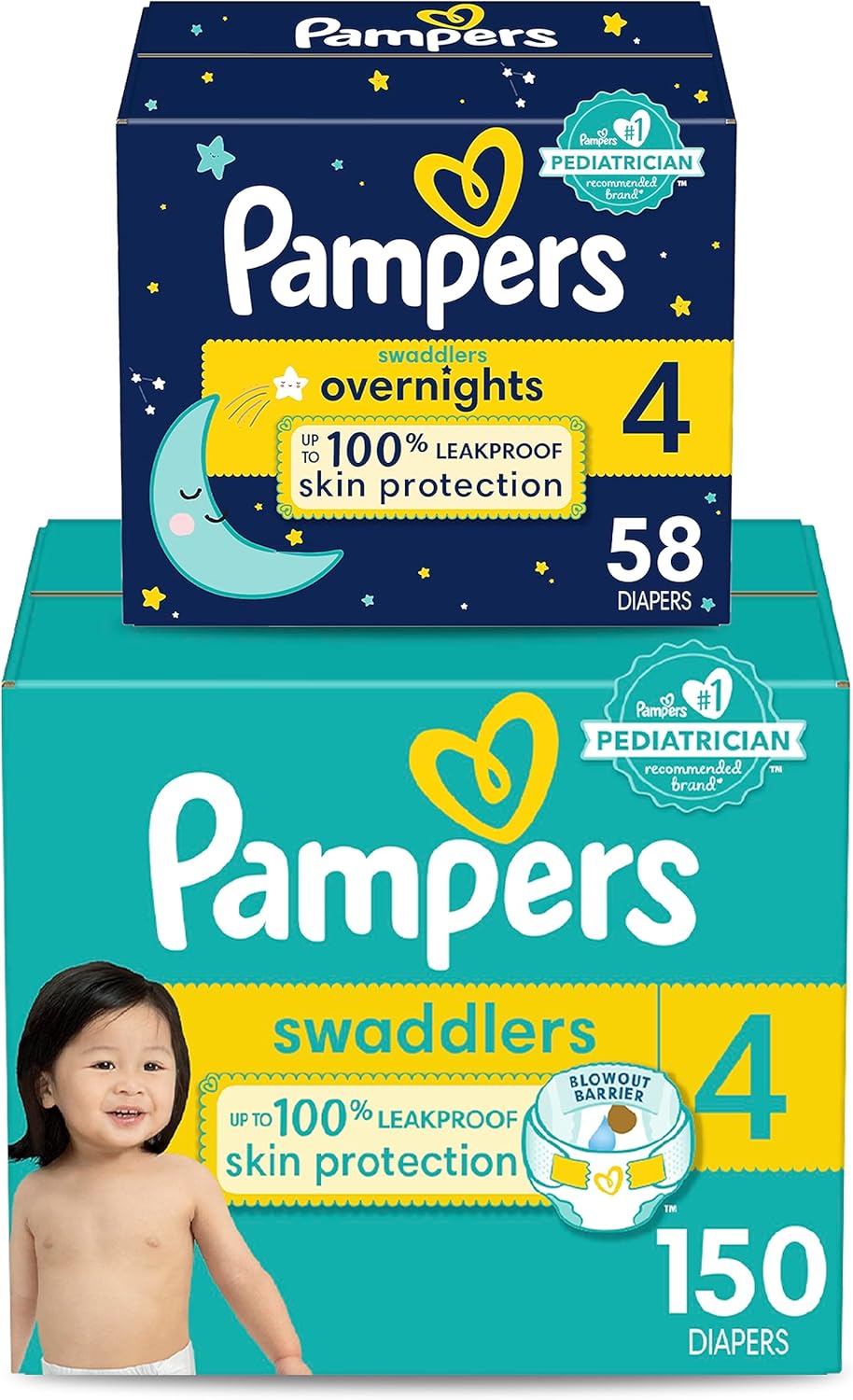 Pampers Disposable Diapers Size 4, Swaddlers 150 Count + Overnight (58 Count)