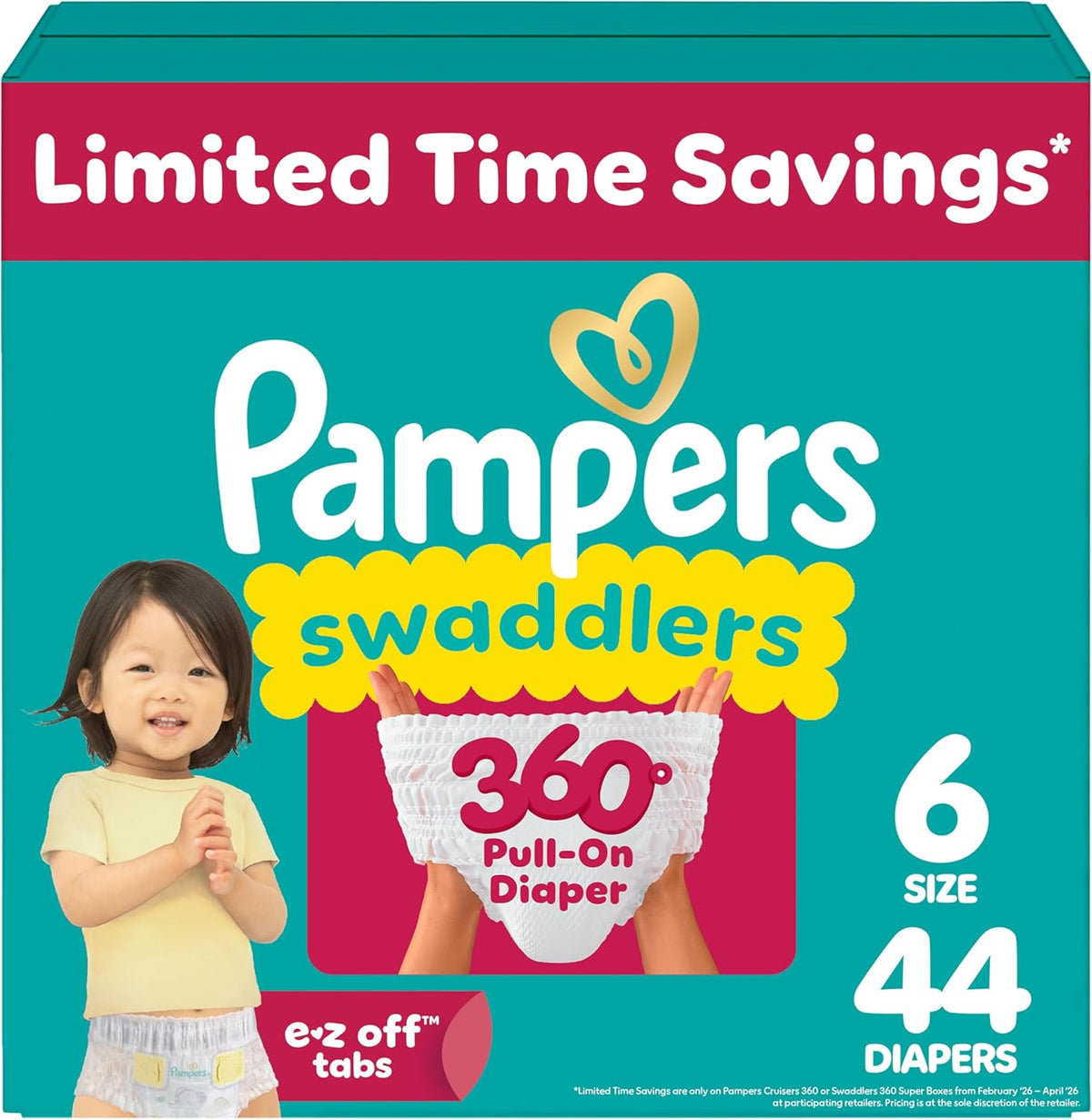 Pampers Diapers - Swaddlers 360° - Size 6, 44 Count, up to 100% Leakproof Comfy Dry Fit, Designed for Easy Changes, Pull On Baby Diaper (Packaging May Vary)