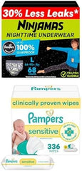 Ninjamas Boys Nighttime Underwear, Size L for Boys (64-95+ lbs), 68 Count, Ultra Absorbent + Pampers Wipes, Sensitive, Water Based Wipe, Hypoallergenic, and Unscented, 336 Wipes Total (4 Packs)