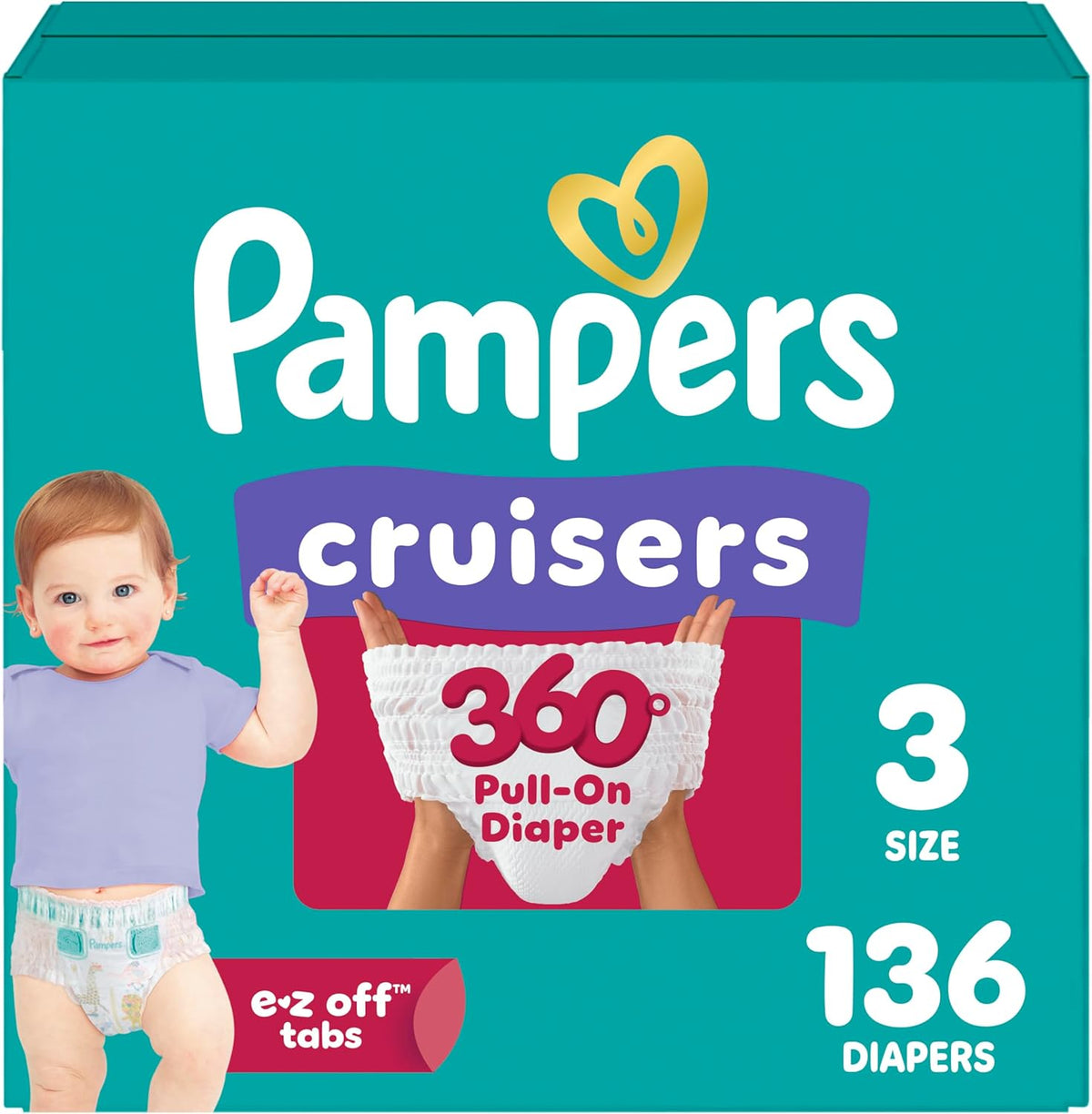 Pampers Diapers - Cruisers 360 - Size 3, 136 Count, Babyproof up to 100% Leakproof Pull-On Diaper