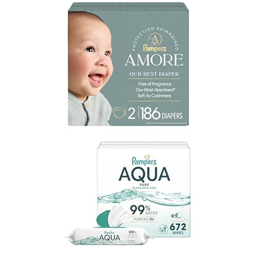 Bundle of Pampers Amore, Size 2 (10-22 lbs), 186 Count, + Pampers Baby Wipes Aqua Pure, 99% Water-Based Wipes, Hypoallergenic and Unscented Baby Wipes, 672 Wipes Total (12 Flip-Top Packs)