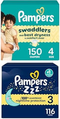 Bundle of Pampers Swaddlers Diapers, Size 4 (15-34 lbs), 150 Count, Absorbent, Pampers ZZZ Overnight Diapers, Size 3 (16-28 lbs), 116 Count, Nighttime Protection Disposable Baby Diaper