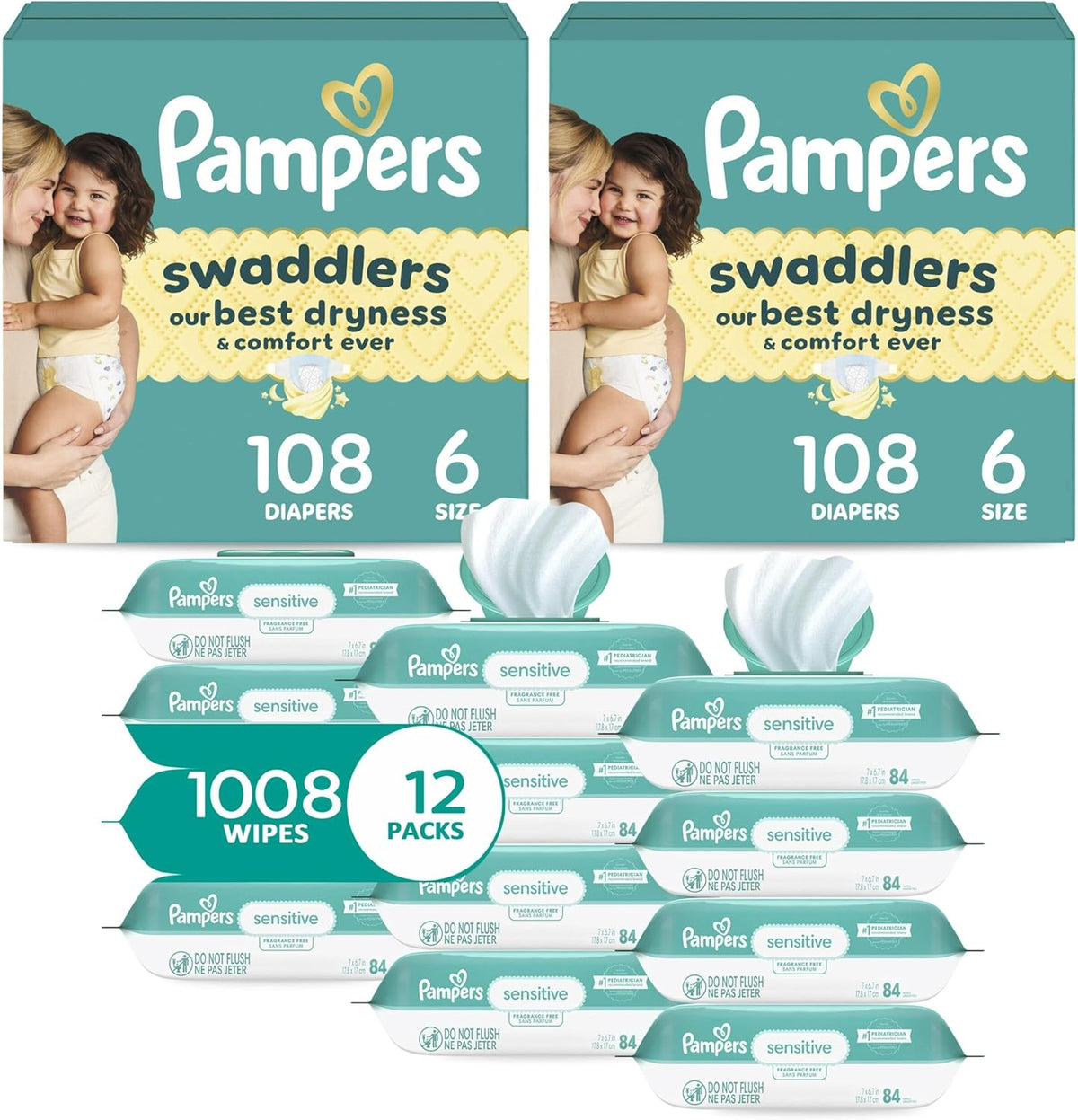 Pampers Swaddlers Disposable Baby Diapers Size 6, 2 Month Supply (2 x 108 Count) with Sensitive Water Based Baby Wipes 12X Multi Pack Pop-Top and Refill (1008 Count)