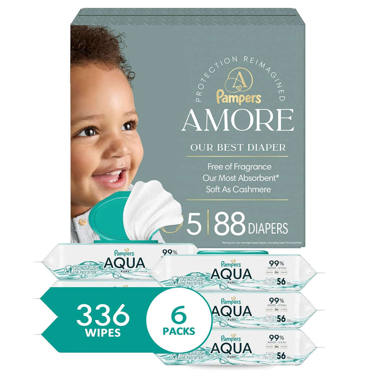 Bundle of Pampers Amore, Size 5 (20-37 lbs), 88 Count, Our Best Diaper + Pampers Aqua Pure Baby Wipes, 99% Water, Fragrance Free, 336 Baby Wipes Total (6X Flip-Top Packs) [Packaging May Vary]