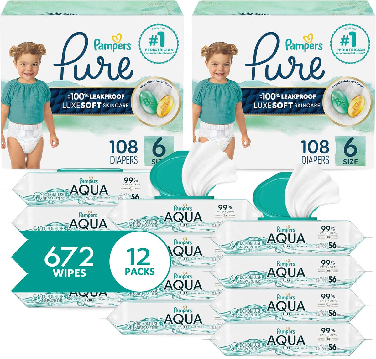 Pampers Pure Protection Disposable Baby Diapers Size 6, 2 Month Supply (2 x 108 Count) with Aqua Pure Sensitive Baby Wipes, 12X Pop-Top Packs (672 Count)