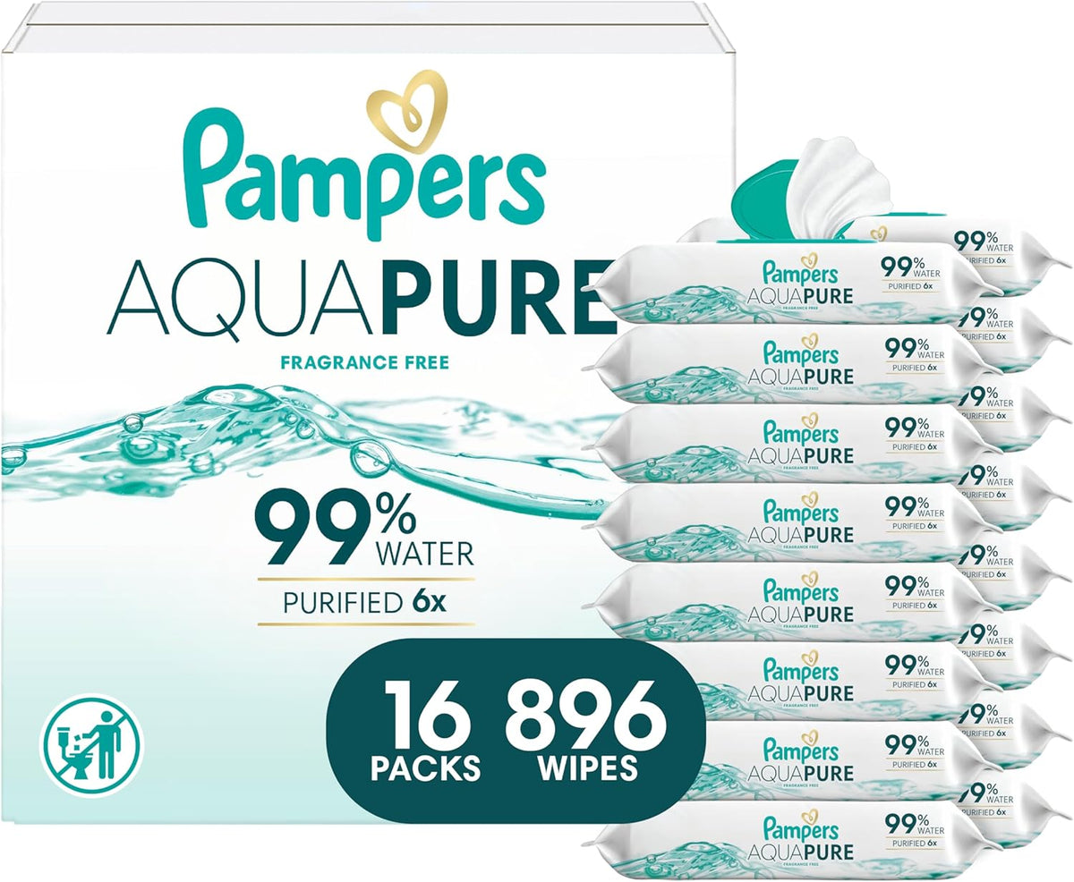 Pampers Aqua Pure Baby Wipes, 99% Water, Fragrance Free, 896 Baby Wipes Total (16X Flip-Top Packs) [Packaging May Vary]