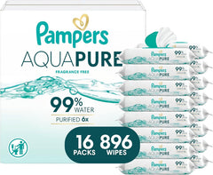 Pampers Aqua Pure Baby Wipes, 99% Water, Fragrance Free, 896 Baby Wipes Total (16X Flip-Top Packs) [Packaging May Vary]