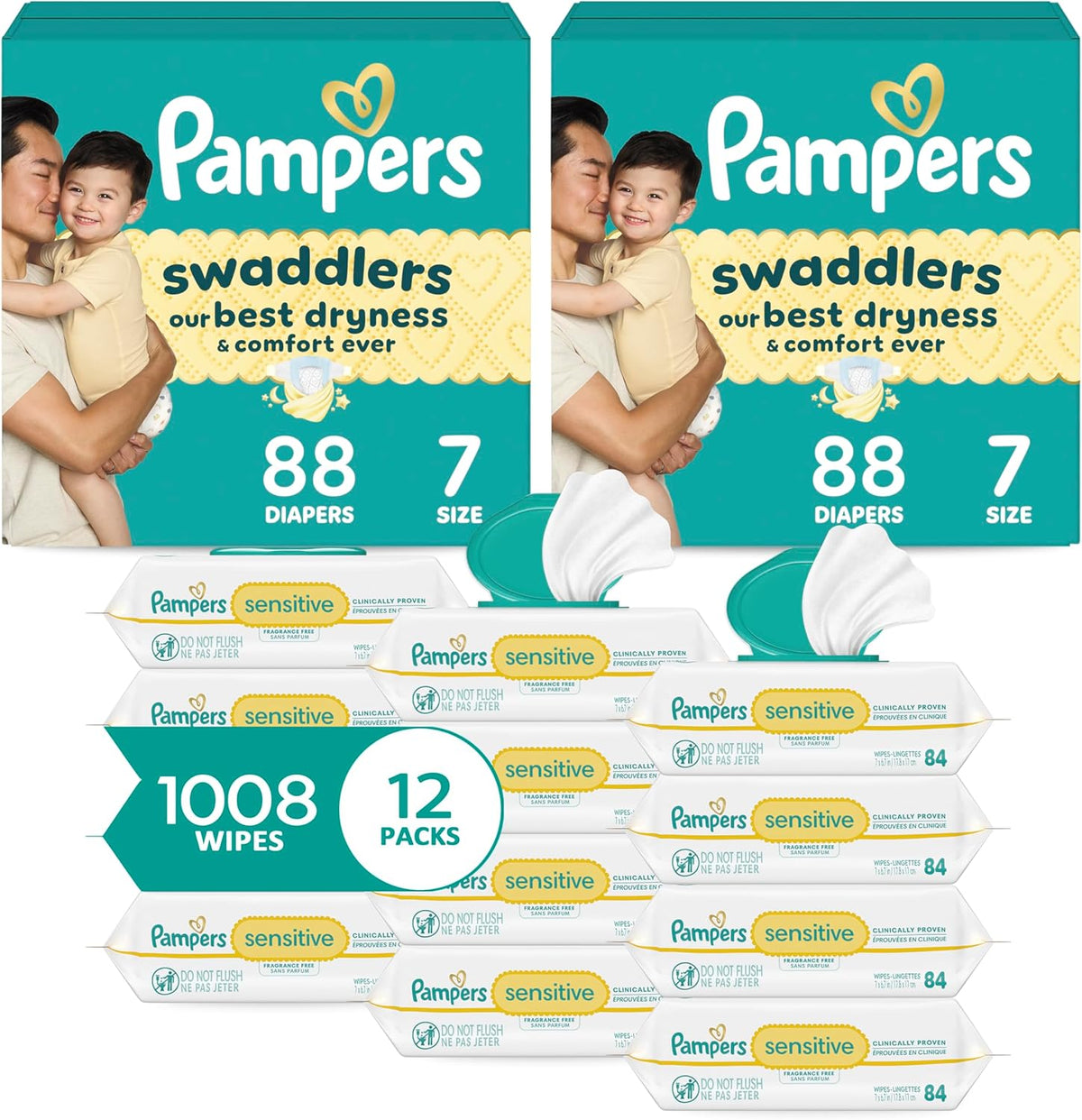Pampers Swaddlers Disposable Baby Diapers Size 7, 2 Month Supply (2 x 88 Count) with Sensitive Water Based Baby Wipes 12X Multi Pack Pop-Top and Refill (1008 Count)