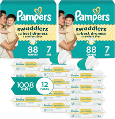 Pampers Swaddlers Disposable Baby Diapers Size 7, 2 Month Supply (2 x 88 Count) with Sensitive Water Based Baby Wipes 12X Multi Pack Pop-Top and Refill (1008 Count)