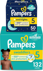 Pampers Disposable Diapers Size 5, Swaddlers 132 Count + Overnight (50 Count)