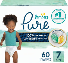 Pampers Baby Diapers - Pure Protection - Size 7, 60 Count, for up to 100% Leakproof, Premium Plant-based Skin Protection