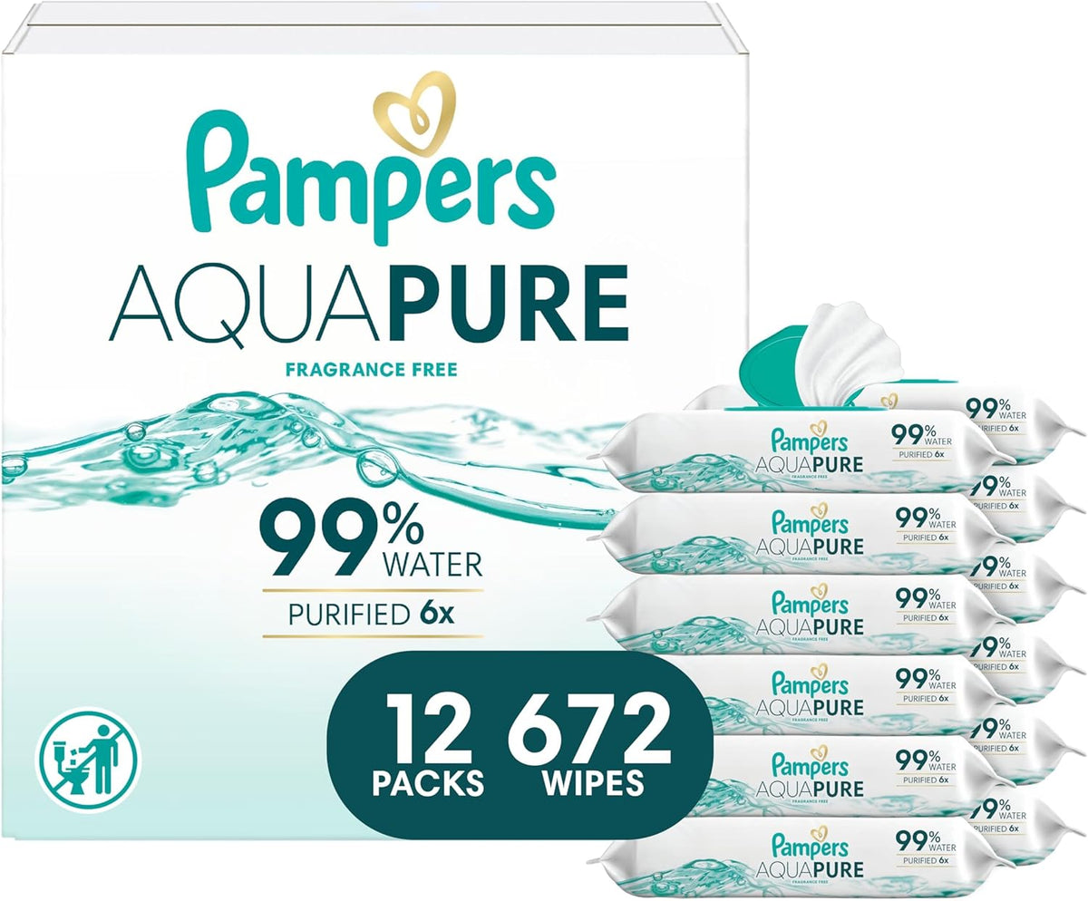 Pampers Aqua Pure Baby Wipes, 99% Water, Fragrance Free, 672 Baby Wipes Total (12X Flip-Top Packs) [Packaging May Vary]