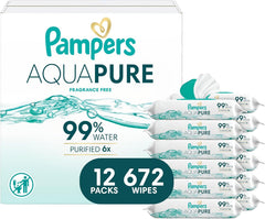 Pampers Aqua Pure Baby Wipes, 99% Water, Fragrance Free, 672 Baby Wipes Total (12X Flip-Top Packs) [Packaging May Vary]