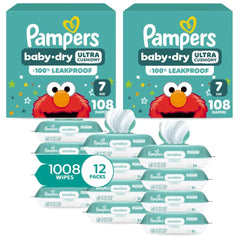 Pampers Baby Dry Disposable Baby Diapers Size 7, 2 Month Supply (2 x 108 Count) with Sensitive Water Based Baby Wipes 12X Multi Pack Pop-Top and Refill (1008 Count)