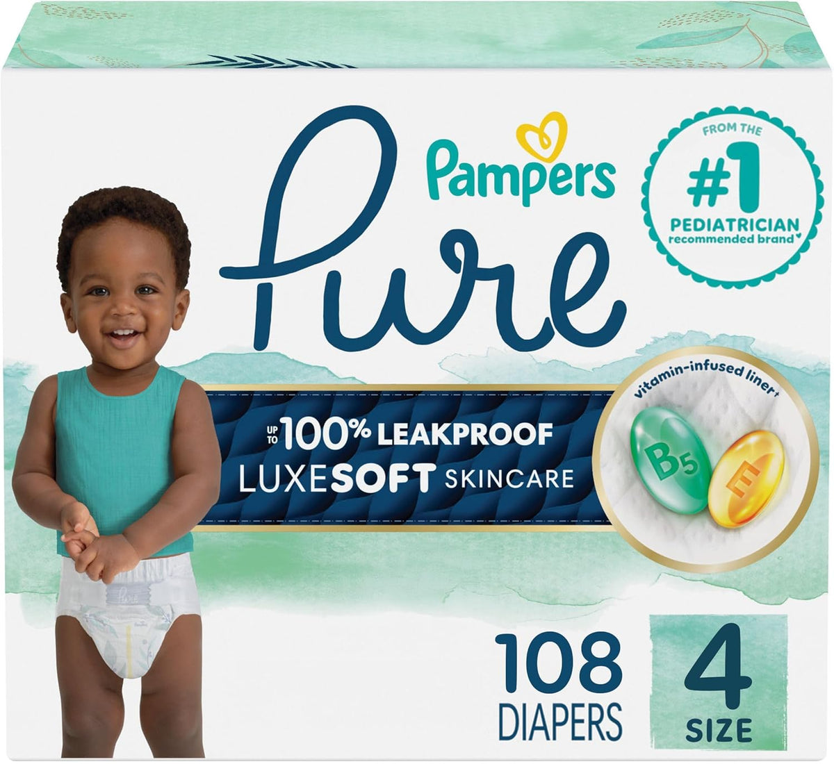 Pampers Pure Baby Diapers, Size 4 (22-37 lbs), 108, Up to 100% Leakproof, Premium Hypoallergenic Soft Diapers