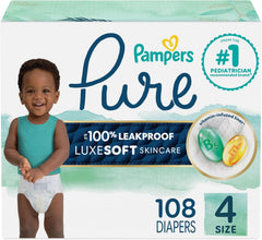 Pampers Pure Baby Diapers, Size 4 (22-37 lbs), 108, Up to 100% Leakproof, Premium Hypoallergenic Soft Diapers