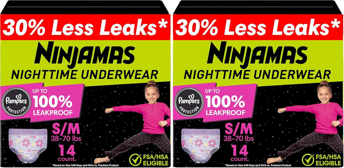 Ninjamas Girls Bedwetting Nighttime Underwear - Size S/M (38-70 lbs), Overnight Protection, Ultra Absorbent, Hypoallergenic, 14 Count (Pack of 2)