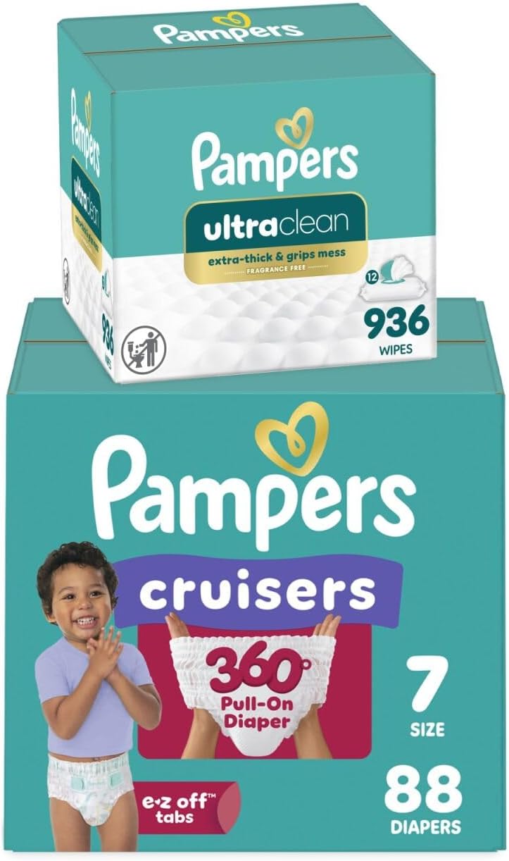 Pampers Pull On Cruisers 360° Fit Disposable Baby Diapers Size 7, One Month Supply (88 Count) with Ultra Clean Baby Wipes 12 Flip-Top Packs (936 Wipes Total)