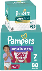 Pampers Pull On Cruisers 360° Fit Disposable Baby Diapers Size 7, One Month Supply (88 Count) with Ultra Clean Baby Wipes 12 Flip-Top Packs (936 Wipes Total)
