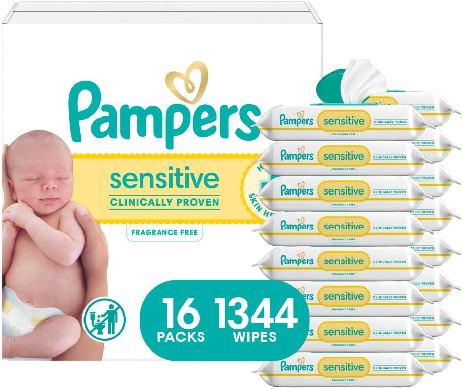 Pampers Baby Wipes, Sensitive, Water Based Wipe, Clinically Proven, Hypoallergenic, and Unscented for Babies, 1344 Wipes Total (16 Flip-Top Packs) [Packaging May Vary]