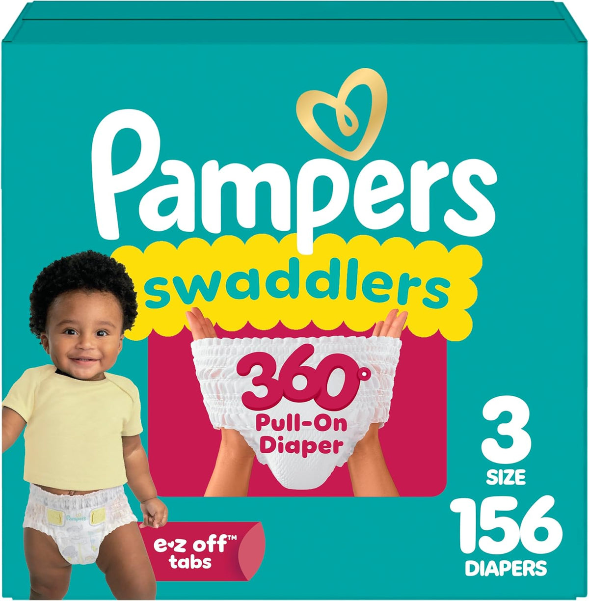 Pampers Diapers - Swaddlers 360° - Size 3, 156 Count, up to 100% Leakproof Comfy Dry Fit, Designed for Easy Changes, Pull On Baby Diaper (Packaging May Vary)