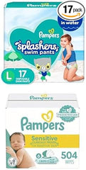 Pampers Splashers Swim Diapers - Size L, 17 Count, Gap-Free Disposable Baby Swim Pants + Pampers Sensitive Baby Wipes, Water Based, Hypoallergenic and Unscented, 6 Flip-Top Packs (504 Wipes Total)