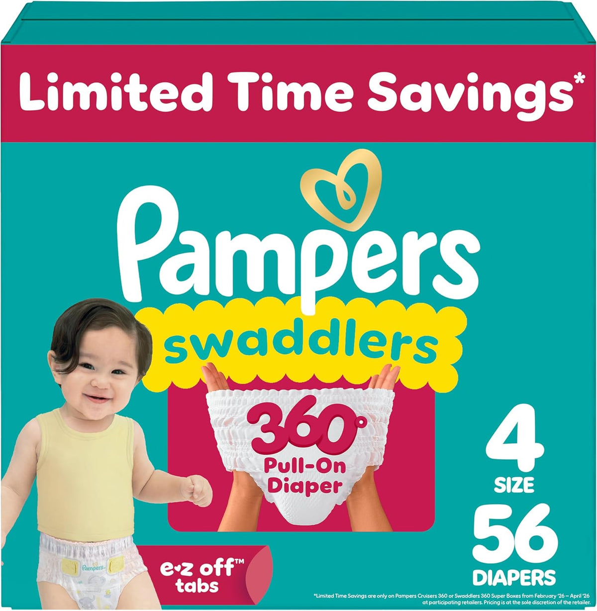 Pampers Diapers - Swaddlers 360° - Size 4, 56 Count, up to 100% Leakproof Comfy Dry Fit, Designed for Easy Changes, Pull On Baby Diaper (Packaging May Vary)