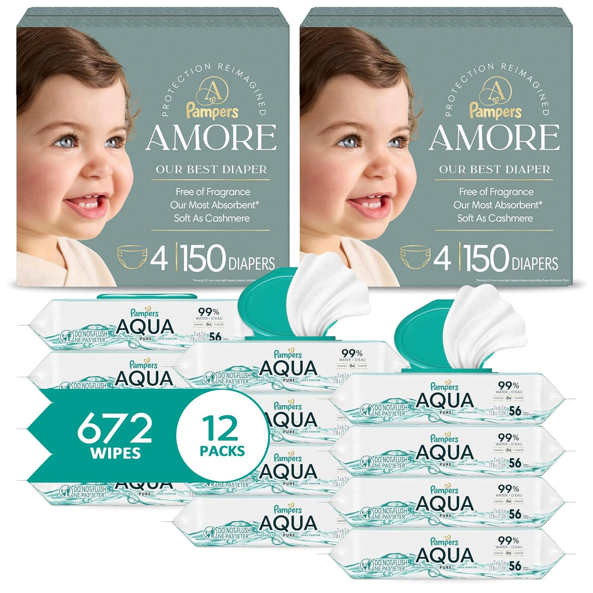 NEW Pampers Amore, Size 4 (15-34 lbs), 150 Count, Our Best Diaper + Pampers Baby Wipes Aqua Pure, 99% Water-Based Wipes, Hypoallergenic and Unscented Infant Wipe, 672 Total (12 Flip-Top Packs)