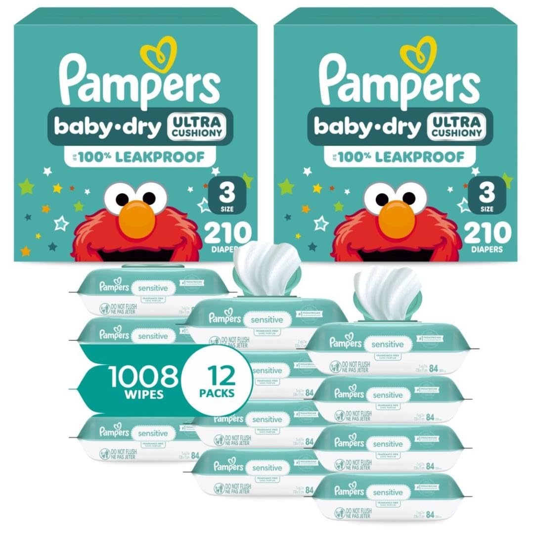 Pampers Baby Dry Disposable Baby Diapers Size 3, 2 Month Supply (2 x 210 Count) with Sensitive Water Based Baby Wipes 12X Multi Pack Pop-Top and Refill (1008 Count)